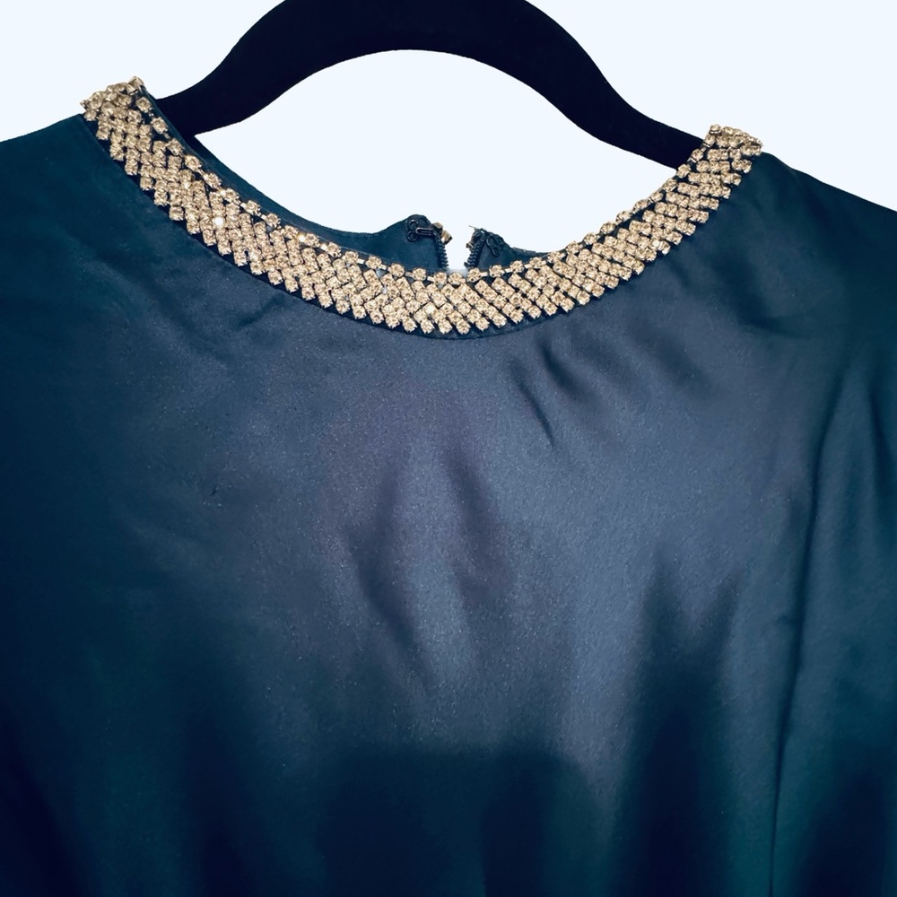 Mac Duggal Navy Long Sleeve Dress with Embellished Neckline, like new - Picture 2 of 5